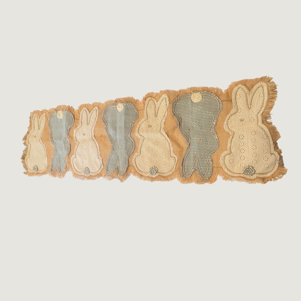 Shabby Chic Jute Bunny Table Runner Tan Blue Eyelet Easter Farmhouse 54x16